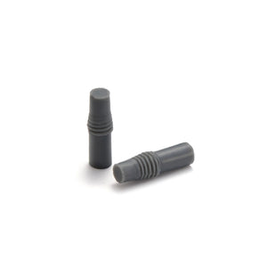 Two gray threaded silicone plugs for masking during powder coating and high-temperature finishing processes.